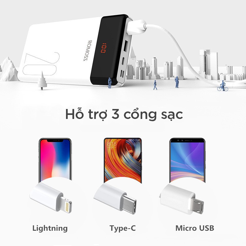 Pin sạc dự phòng Romoss LT20 20.000mAh cao cấp 3 cổng input Micro - Lightning - Type C - Hãng phân phối chính thức