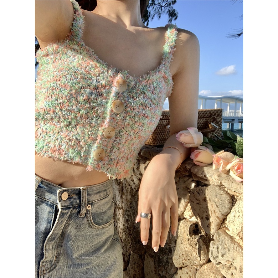 QADCOL  Áo Hai Dây Dệt Màu Sắc Đơn Giản Quyến Rũ Cho Nữ