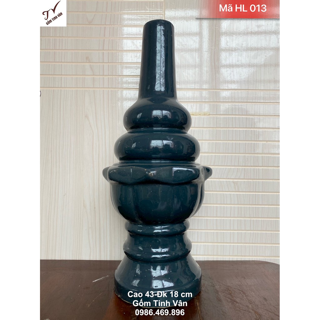 Hồ lô thu lôi chống sét, mã HL013, hồ lô sao 3 bầu, tráng men xanh đen, cao 43-đk 18 cm, gốm xây dựng bát tràng cao cấp
