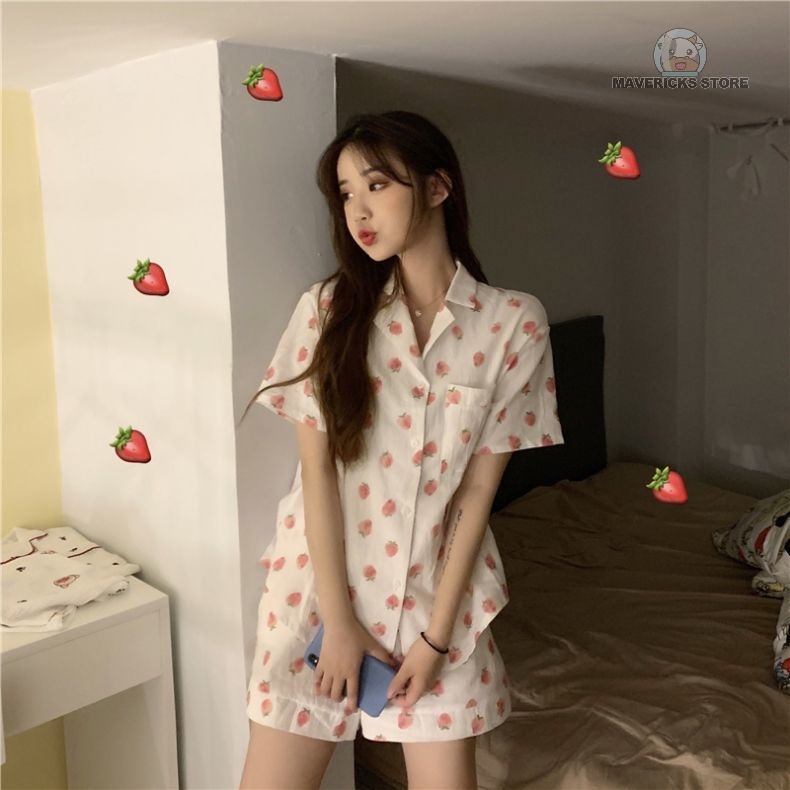 Bộ đồ ngủ ngắn tay họa tiết dâu tây dễ thương phong cách Hàn Quốc thời trang mùa hè cho nữ