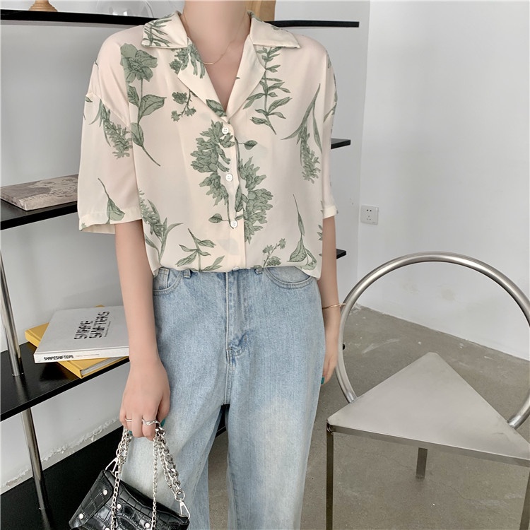 Áo Sơ Mi Nữ Tay Ngắn Form Rộng In Họa Tiết Hoa, Thời trang Áo Sơ Mi Nữ Cổ Vét