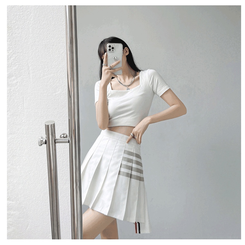 Chân váy SUXI thiết kế xếp ly dáng ngắn lưng cao họa tiết kẻ sọc phong cách Hàn Quốc cho nữ