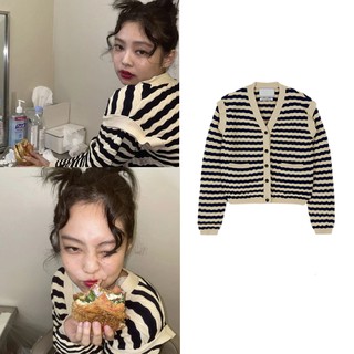 Blackpink Jennie Áo Khoác Cardigan Dệt Kim Kẻ Sọc Có Thể Tháo Rời Thời Trang Hàn Quốc