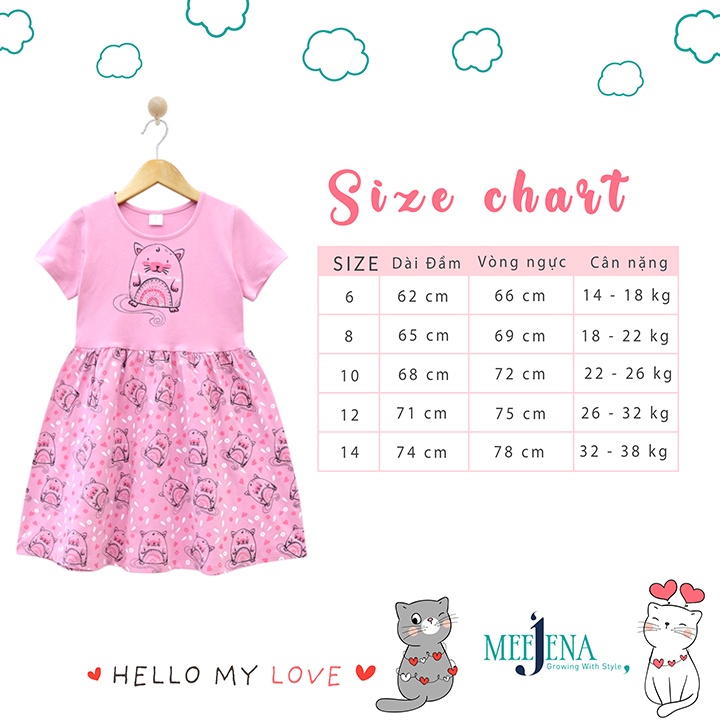 Váy Cho Bé Gái Ngắn Tay Dễ Thương, Họa Tiết Ngộ Nghĩnh 100% COTTON 14-38 kg MEEJENA - 1888