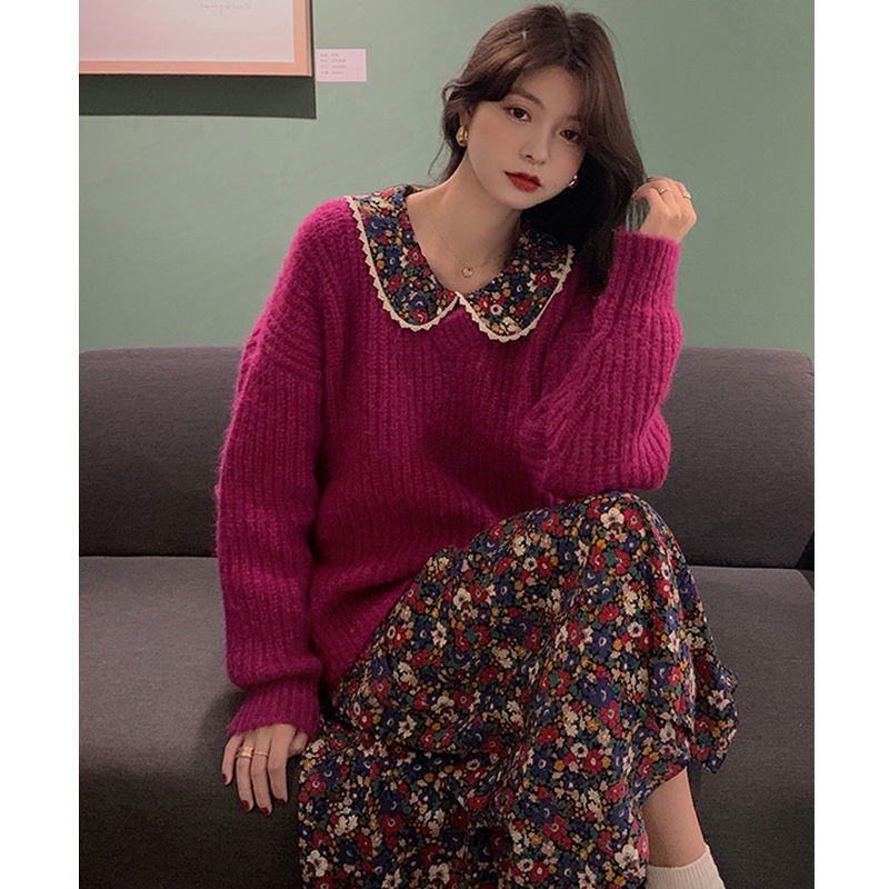 Đầm dài cổ búp bê họa tiết hoa phong cách retro cho nữ