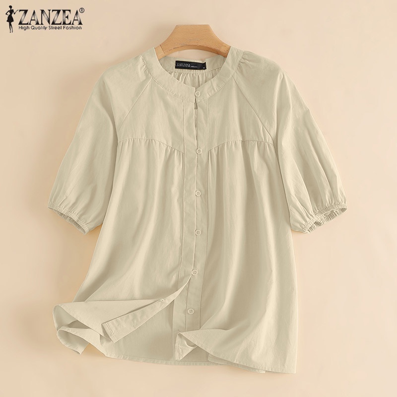 Áo kiểu ZANZEA tay lửng cổ tròn xếp ly cài nút thời trang tùy chọn màu sắc dành cho nữ