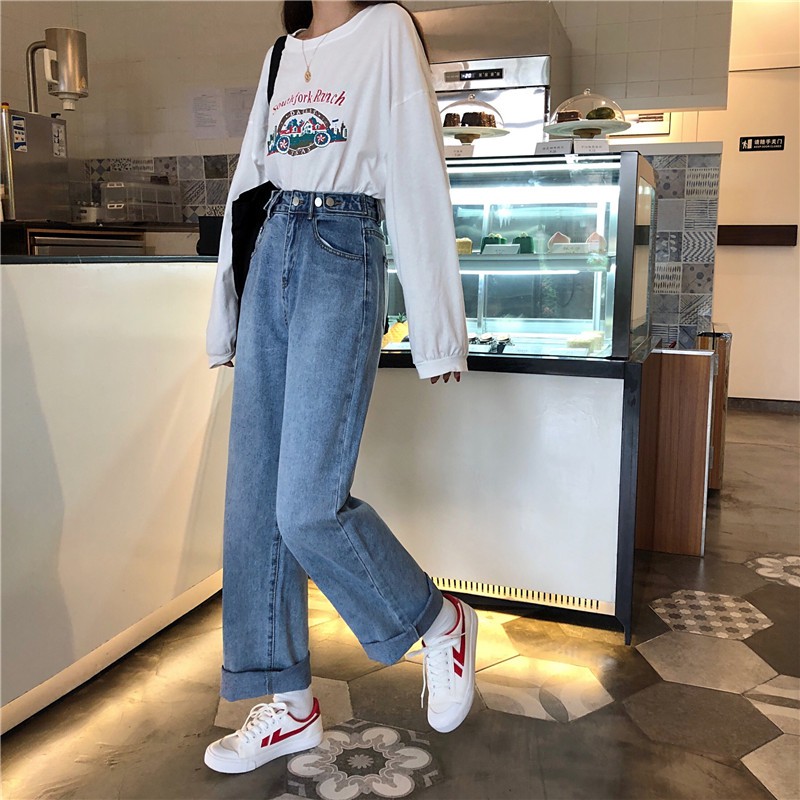 [Size S] Quần jeans nữ ống rộng lưng cao xanh nhạt Ulzzang Quảng Châu QDJ89