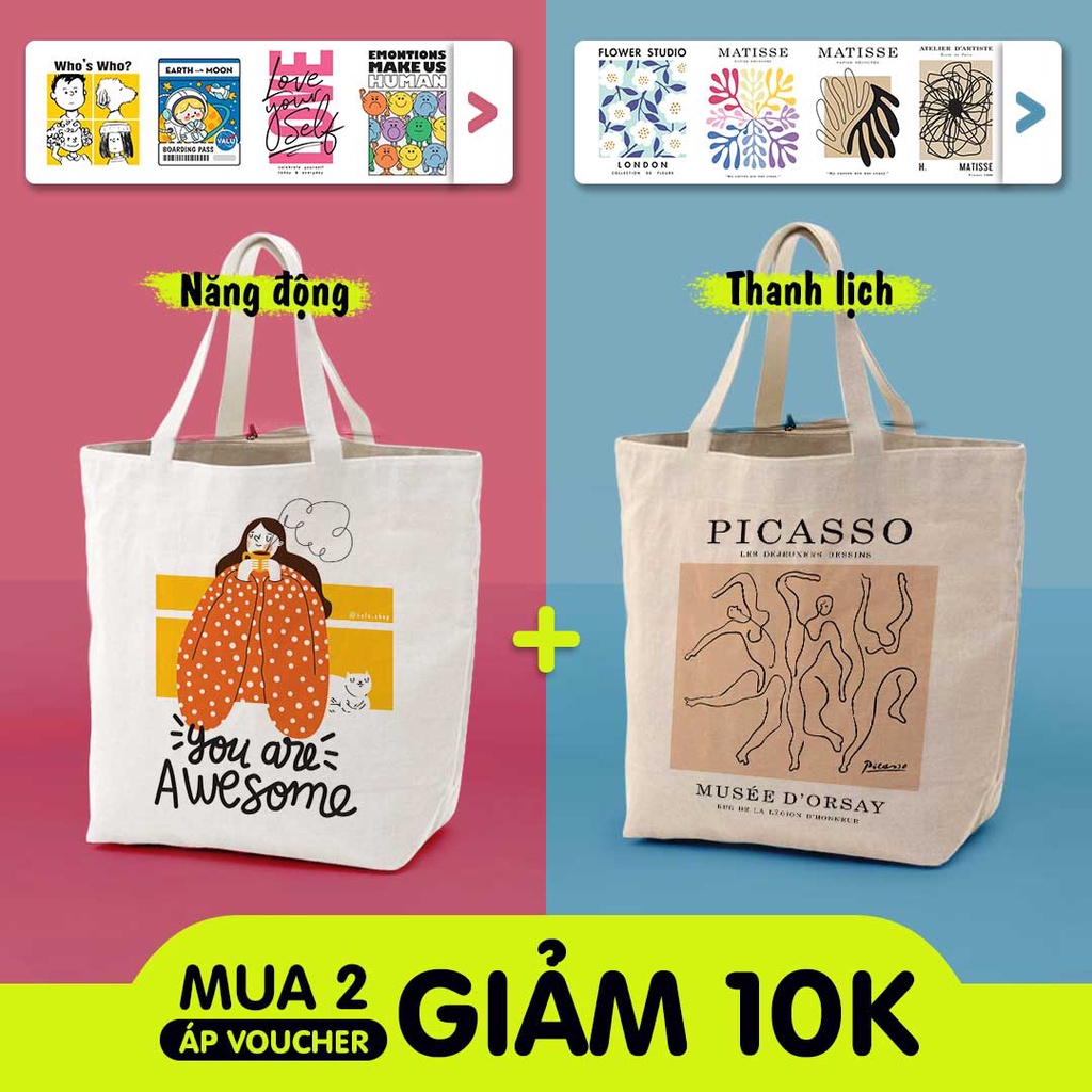 Túi tote vải canvas size lớn,đáy túi mở rộng đi học đi chơi mới nhất, miệng túi và túi con có khóa kéo