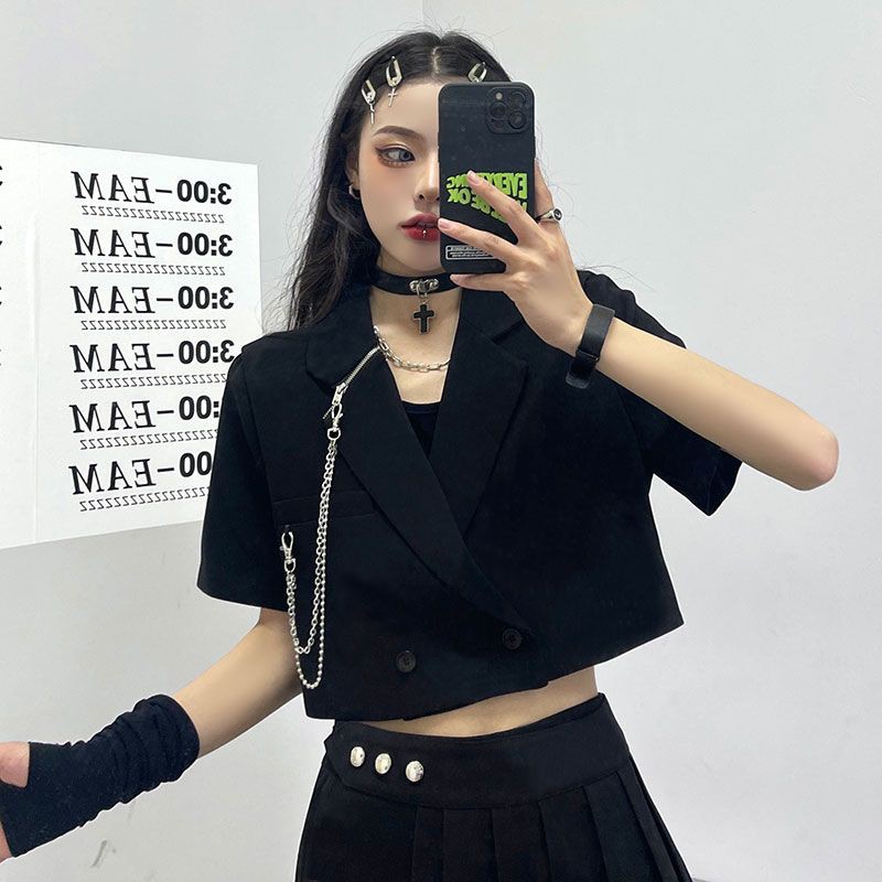 [Order] (G7) Set khoác váy choker Dark Gothic. Chân váy kèm quần choker + Áo khoác ngắn kèm chains màu đen loại đẹp