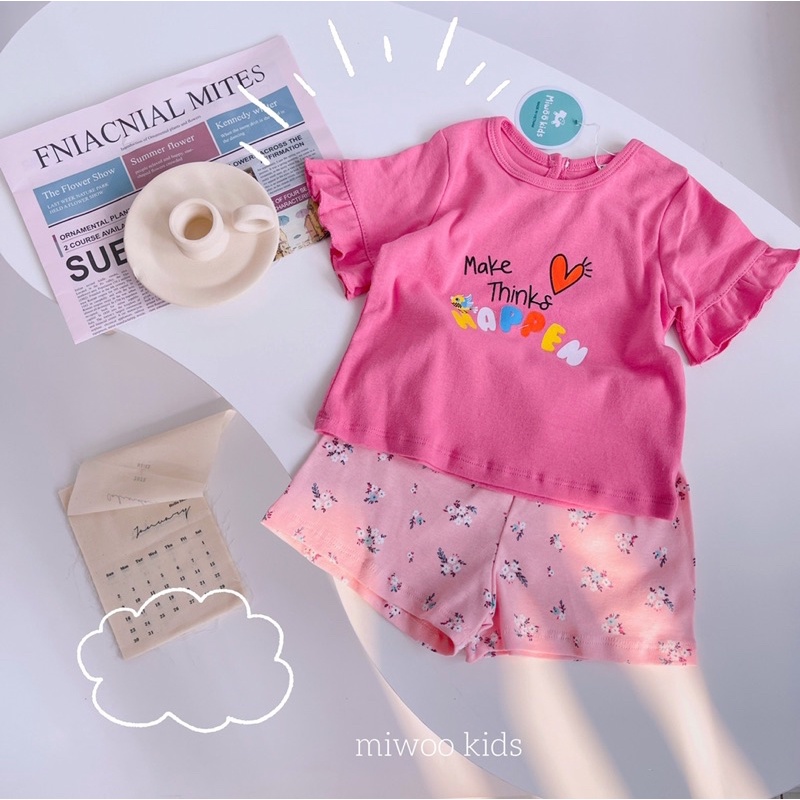 Bộ quần áo bé gái tay phối bèo siêu xinh kèm quần vải hoa in hoa tiết bozip hoa nhí ngọt ngào