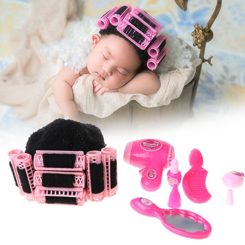 FL 1 Set Baby Photography Costume Funny Movie Style Landlady Cosplay Photo Shot Memorial Props Head Cover With Comb Hair Dryer Roller Cap Hat Newborn Girls Photos Studio