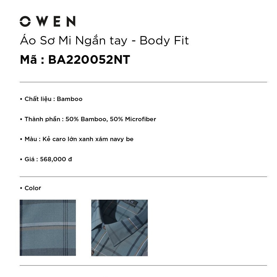 Áo Sơ Mi Nam Ngắn Tay OWEN BA220052NT Somi Công Sở Cao Cấp Kẻ Caro Lớn Xanh Xám Navy Be Vải Sợi Tre Dáng Suông Tà Bằng