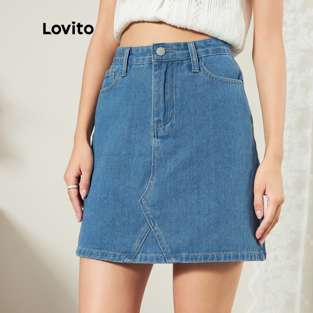 Chân váy denim Lovito thiết kế màu trơn có túi chất liệu dày dặn L25ED055 (màu xanh lam)