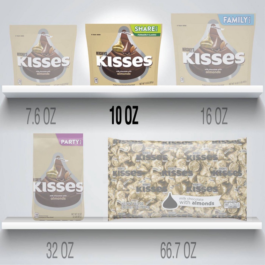 TÚI 283g SOCOLA SỮA HẠNH NHÂN Hershey's Kisses Almond Chocolate Candy, Share Bag (10oz)