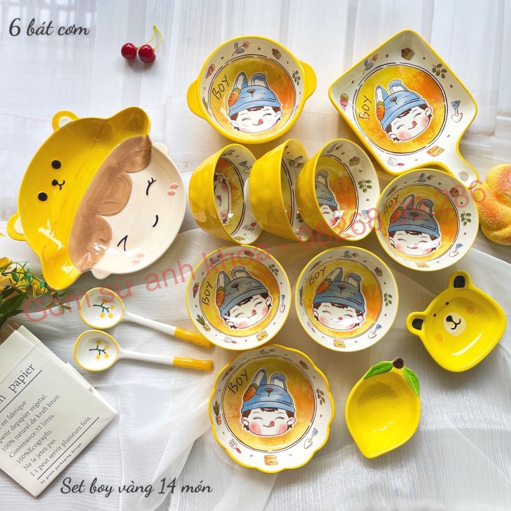 Bộ bát đĩa sứ,Chén Dĩa Sứ Bát Ăn Cơm Decor Bộ bát đĩa cậu bé 14 món xinh yêu màu vàng cho gia đình
