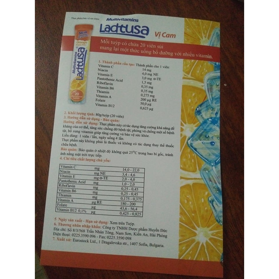 Viên C sủi Multivitamin Ladtusa Bungary bổ sung vitamin tăng cường thể lực - Tuyp 20 viên, date t2.2024