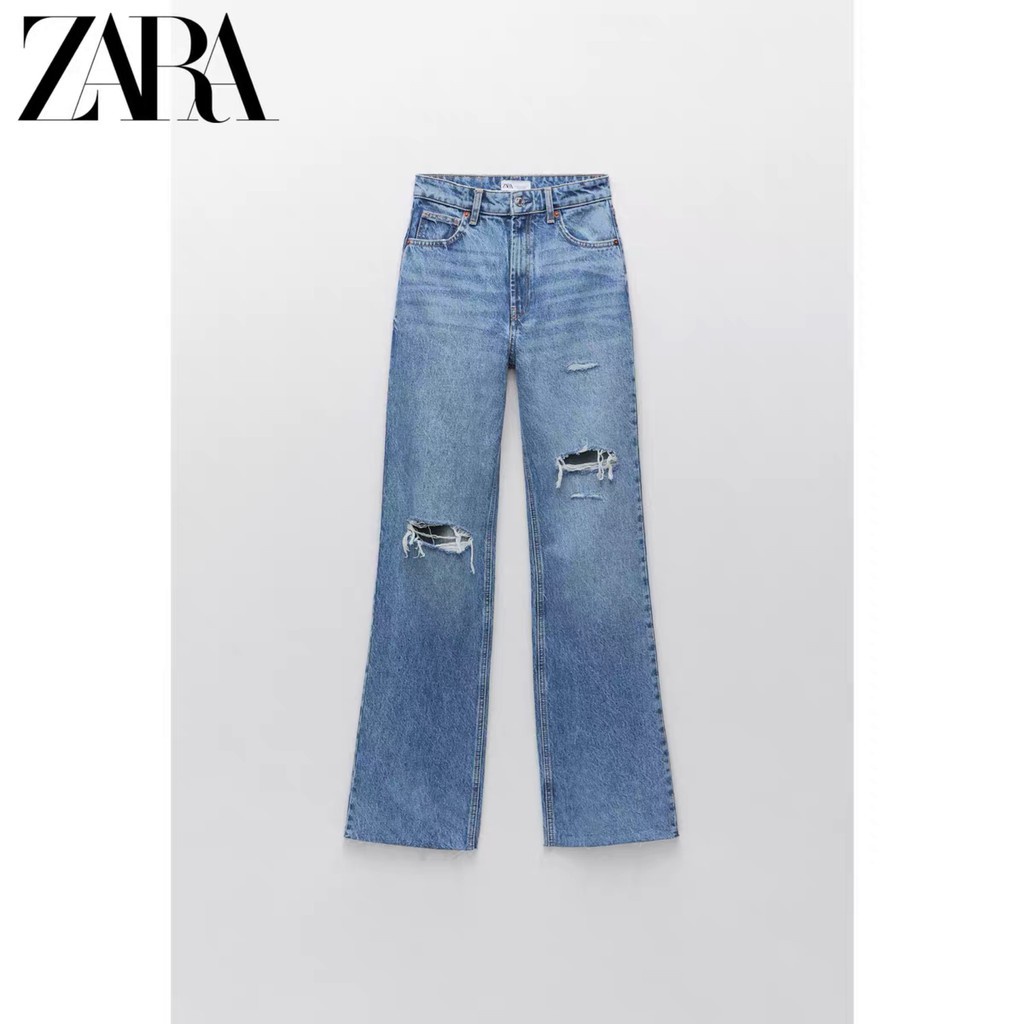 Made in Morocco - Quần Zara Jean Lưng Cao Ống Rộng Phối Rách Cá Tính BN80