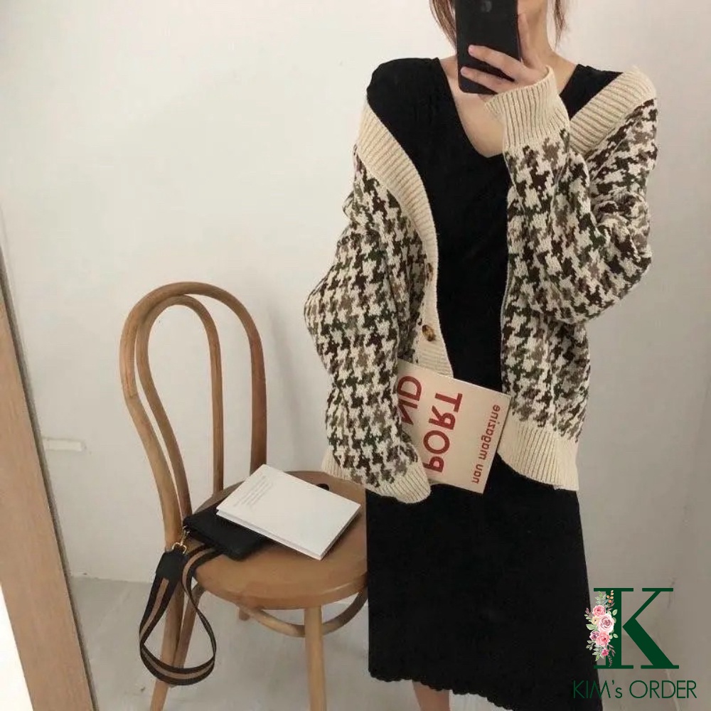 Áo khoác len Cadigan hoạ tiết ziczac cổ V dài tay màu be dáng dài rộng phong cách Vintage Hàn Quốc loại 1 đẹp dày dặn