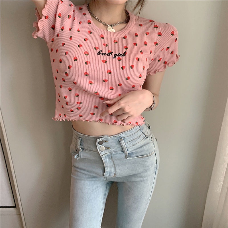 AMOI Áo Thun Dệt Kim Tay Ngắn In Họa Tiết Hoa Phong Cách Hàn Quốc Cổ Điển Thời Trang Cho Nữ