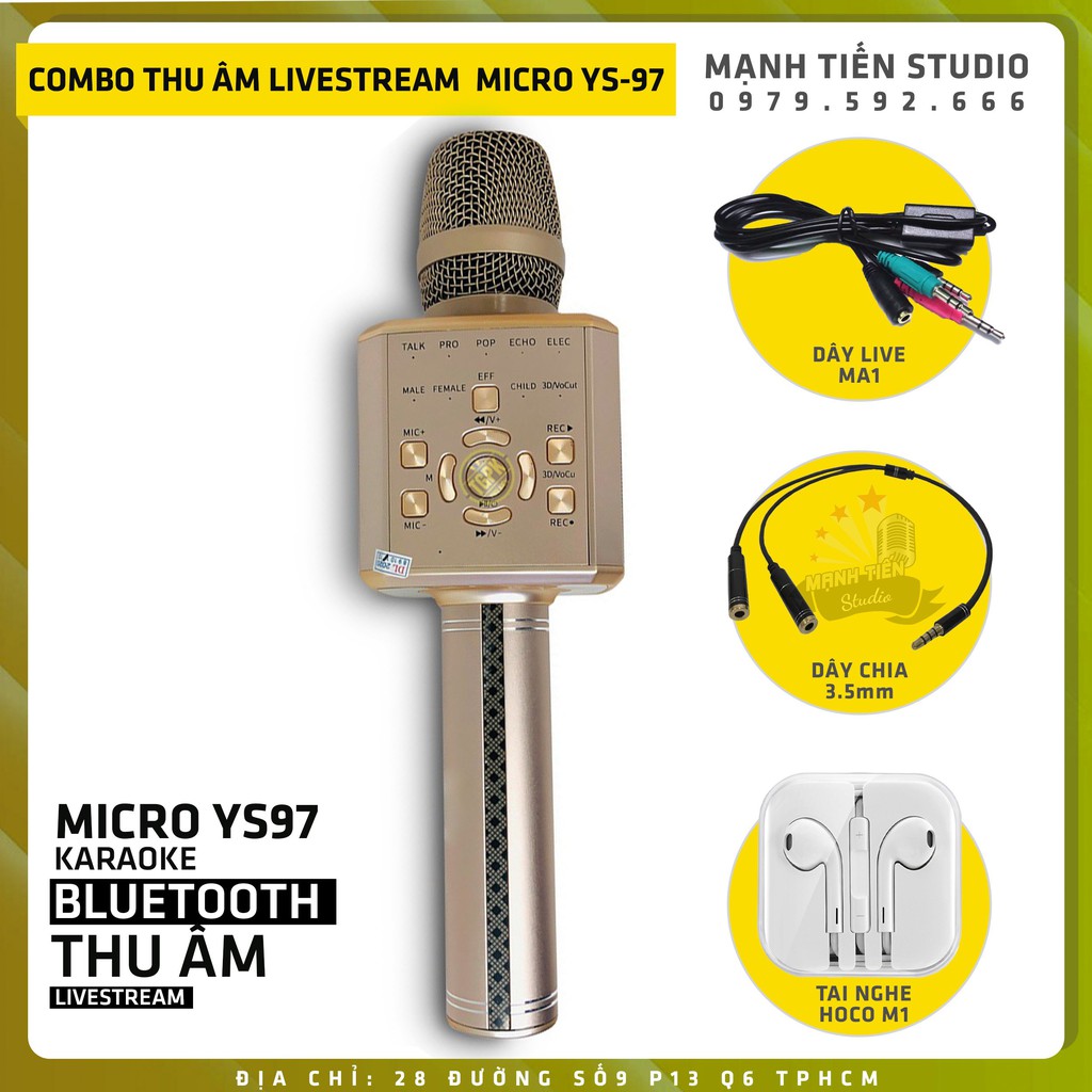 Combo Micro bluetooth Karaoke YS97 - Vừa hát vừa Livestream &amp; Thu âm tặng kèm Ma1 - dây chia tai nghe - tai phone