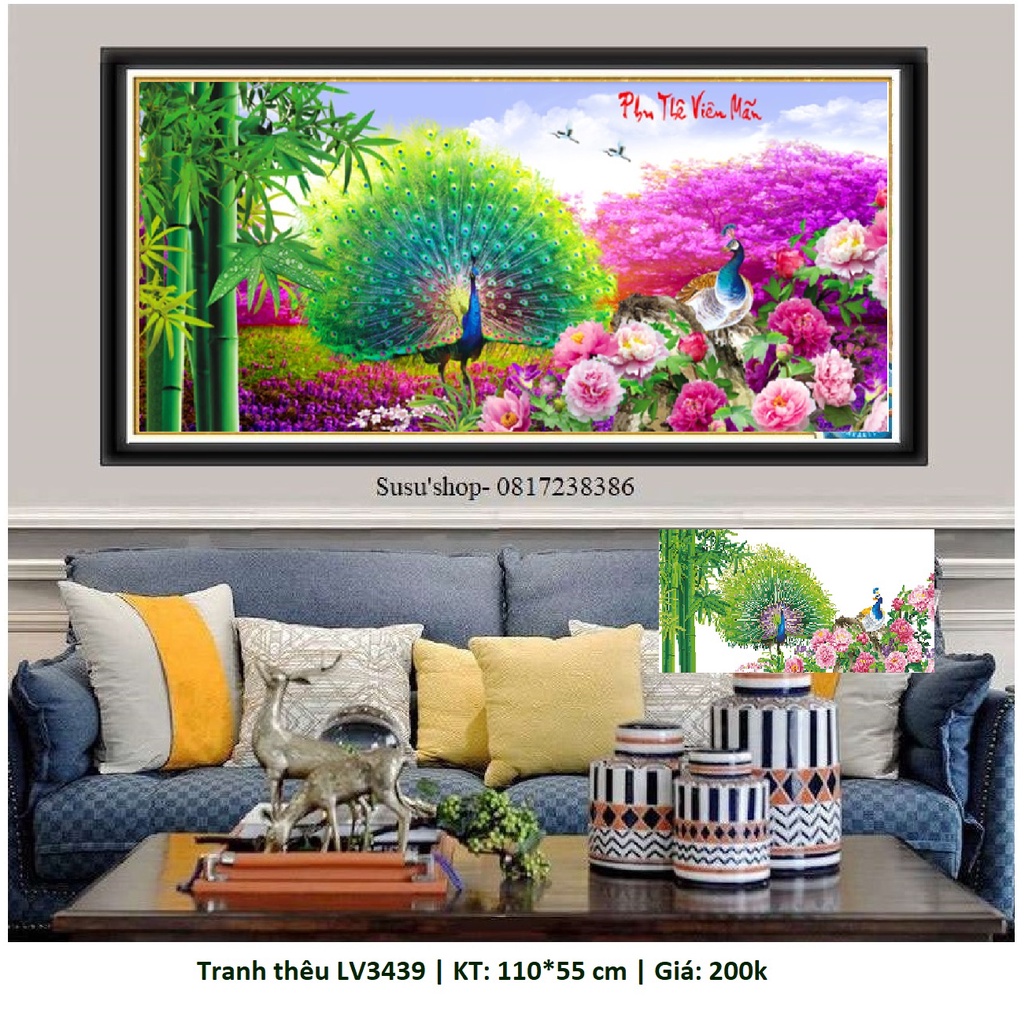 Tranh thêu chữ thập chim công phu thê viên mãn LV3439 (110 x 55 cm)