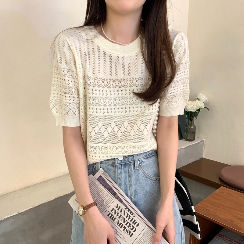 Áo len móc ZHELIHANGFEI tay ngắn dễ phối đồ hợp thời trang dành cho nữ