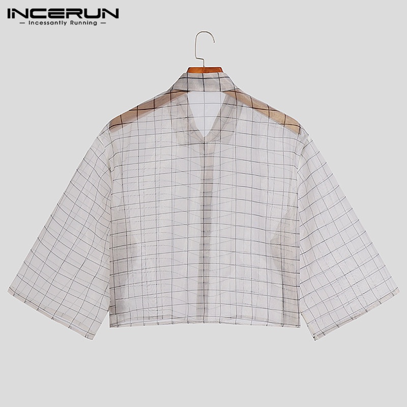 Áo sơ mi croptop INCERUN tay ngắn dáng rộng cài khuy kẻ sọc ca rô thời trang cho nam