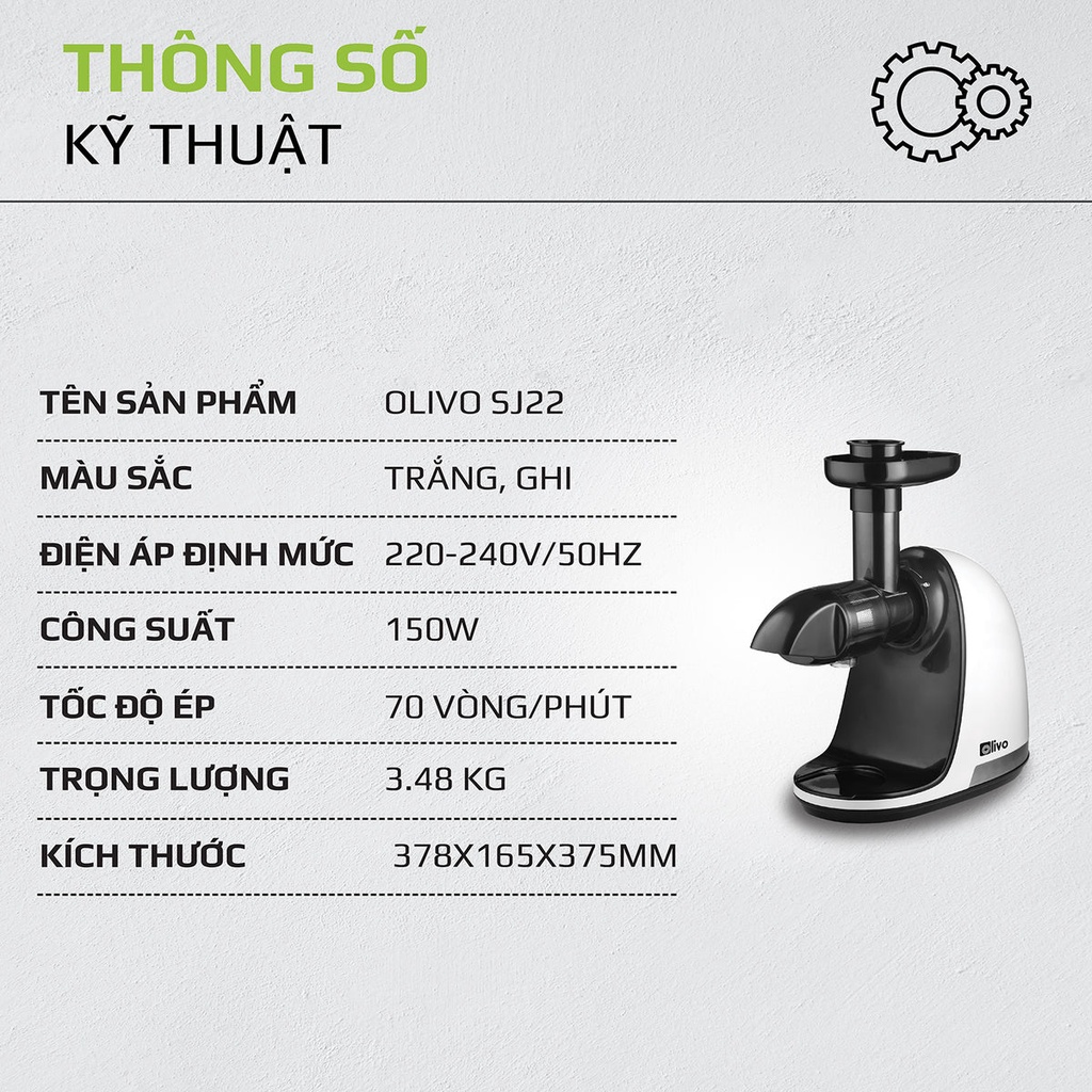 MÁY ÉP CHẬM TRỤC NGANG OLIVO SJ22 - THÁCH THỨC MỌI LOẠI RAU CỦ - THƯƠNG HIỆU MỸ - HÀNG CHÍNH HÃNG