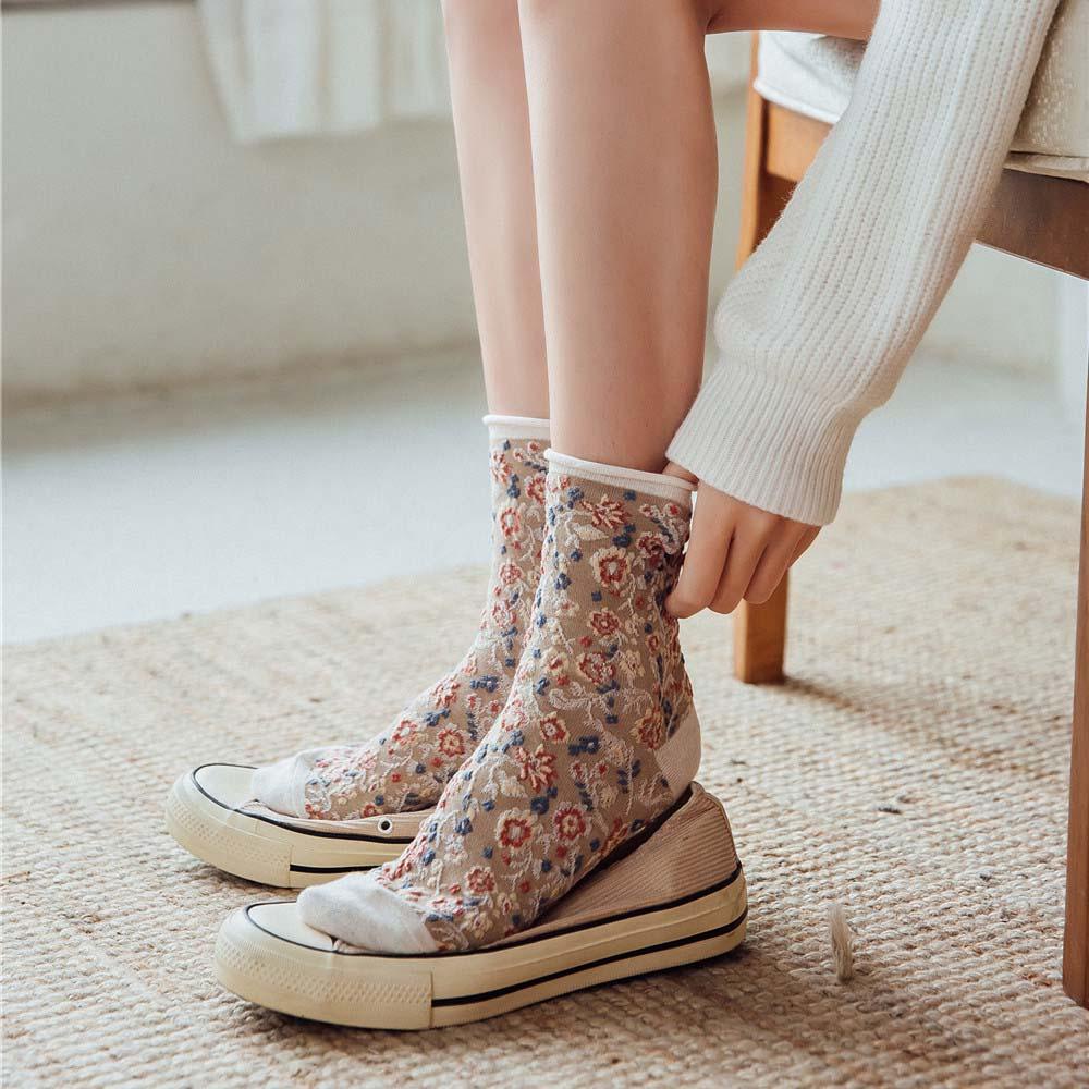 Đôi Vớ Cotton Thêu Hoa Phong Cách Harajuku Hàn Quốc Dành Cho Nữ