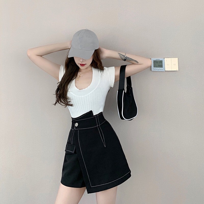 (SẴN) Quần váy cạp cao vạt chéo 1 cúc 2020