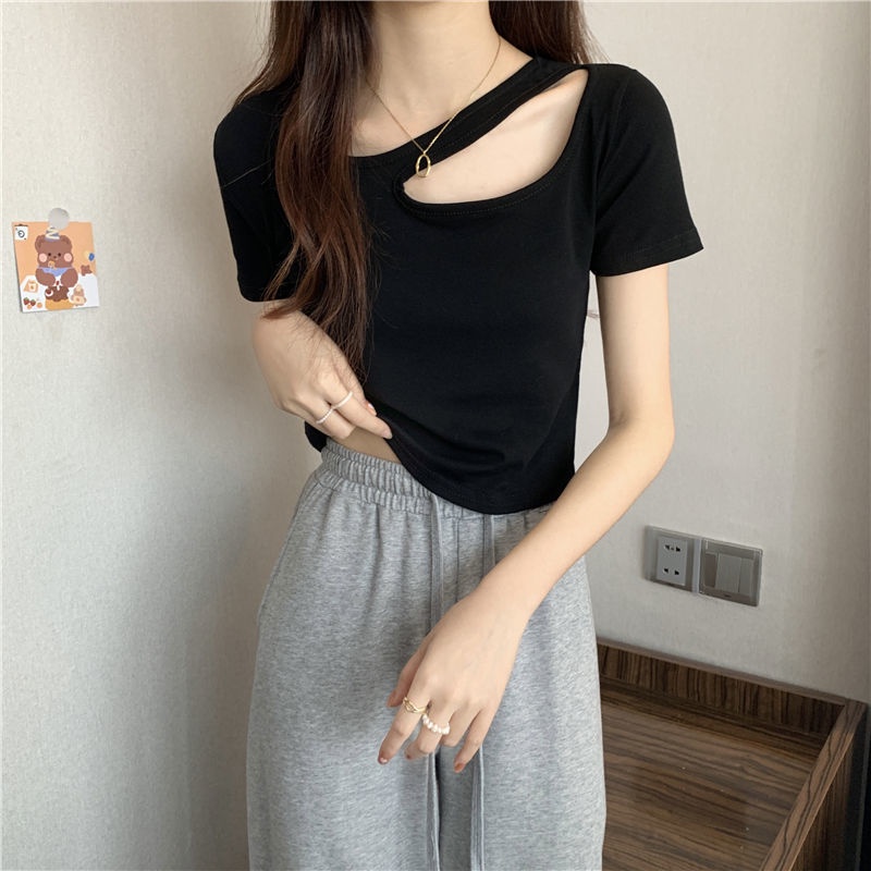 COZOK Áo Thun Tay Ngắn Dáng Ôm Thiết Kế Khoét Lỗ Thời Trang Cá Tính Cho Nữ