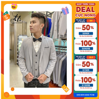 Bộ vest nam 1 nút và gile ôm body màu xám