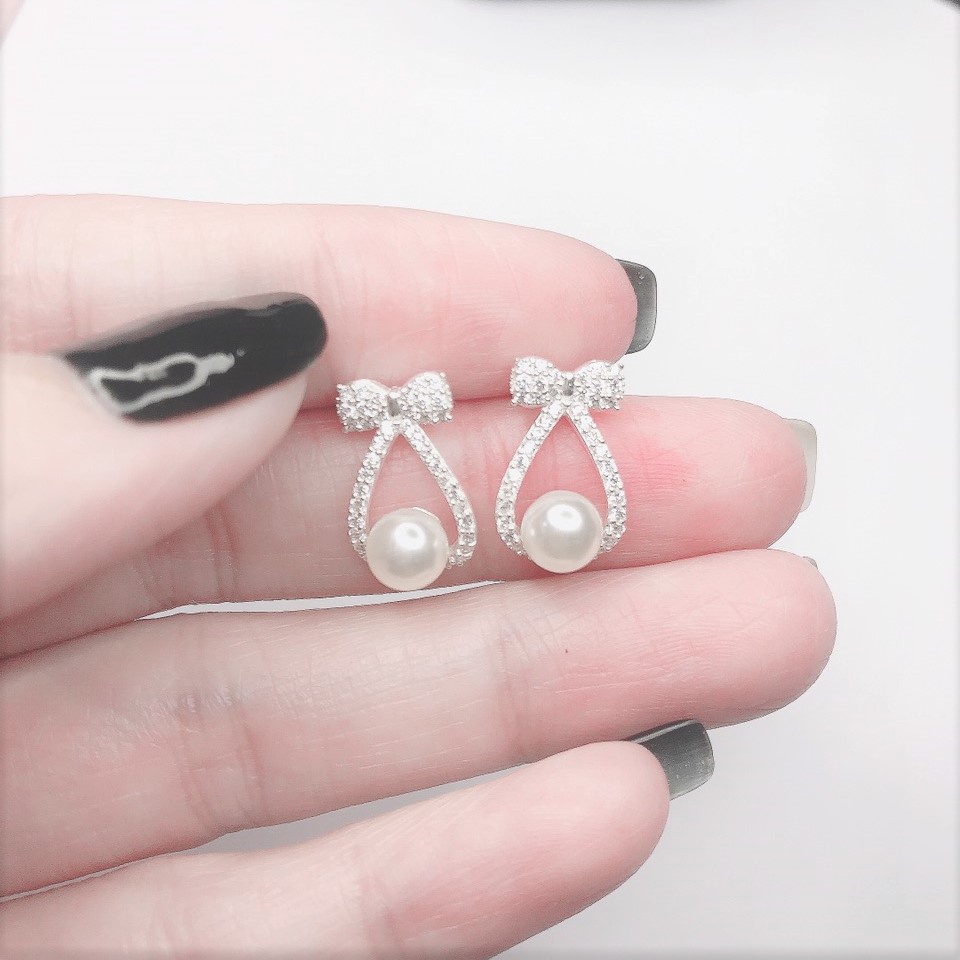 Bông tai bạc cao cấp Evasilver hình lơ đính ngọc trai, Khuyên tai chất liệu bạc ta sang trọng nữ tính