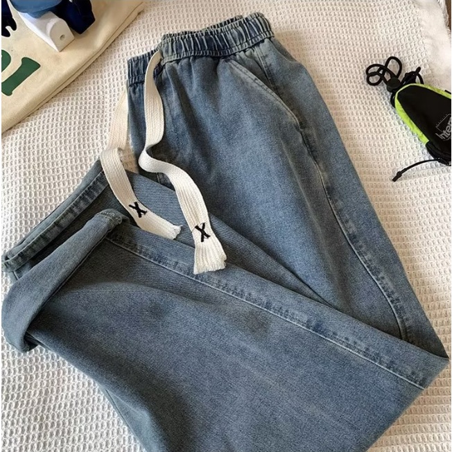 Quần Jean Dài Ống Rộng Lưng Thun Co Giãn Màu Sắc Đơn Giản Thời Trang Mùa Hè Hàn Quốc Cho Nam