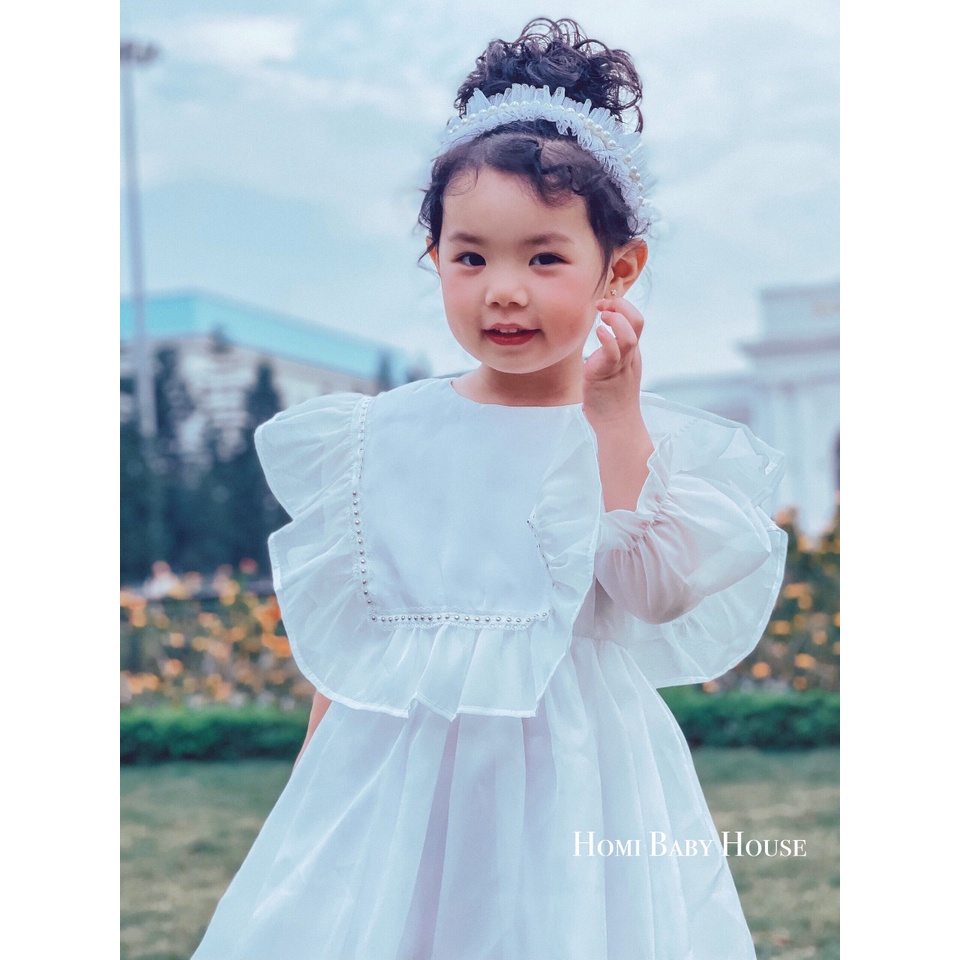 Đầm công chúa HOMI BABY HOUSE váy bé gái công chúa bèo cổ vuông trắng/hồng