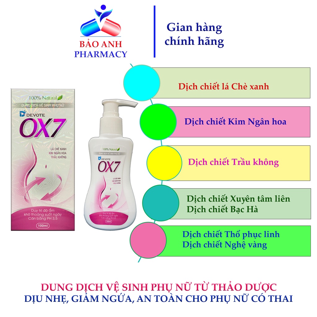 Dung dịch vệ sinh nữ Devote OX7 Dung dịch vệ sinh phụ nữ- An toàn cho cả mẹ bầu, sau sinh Chai 100ml