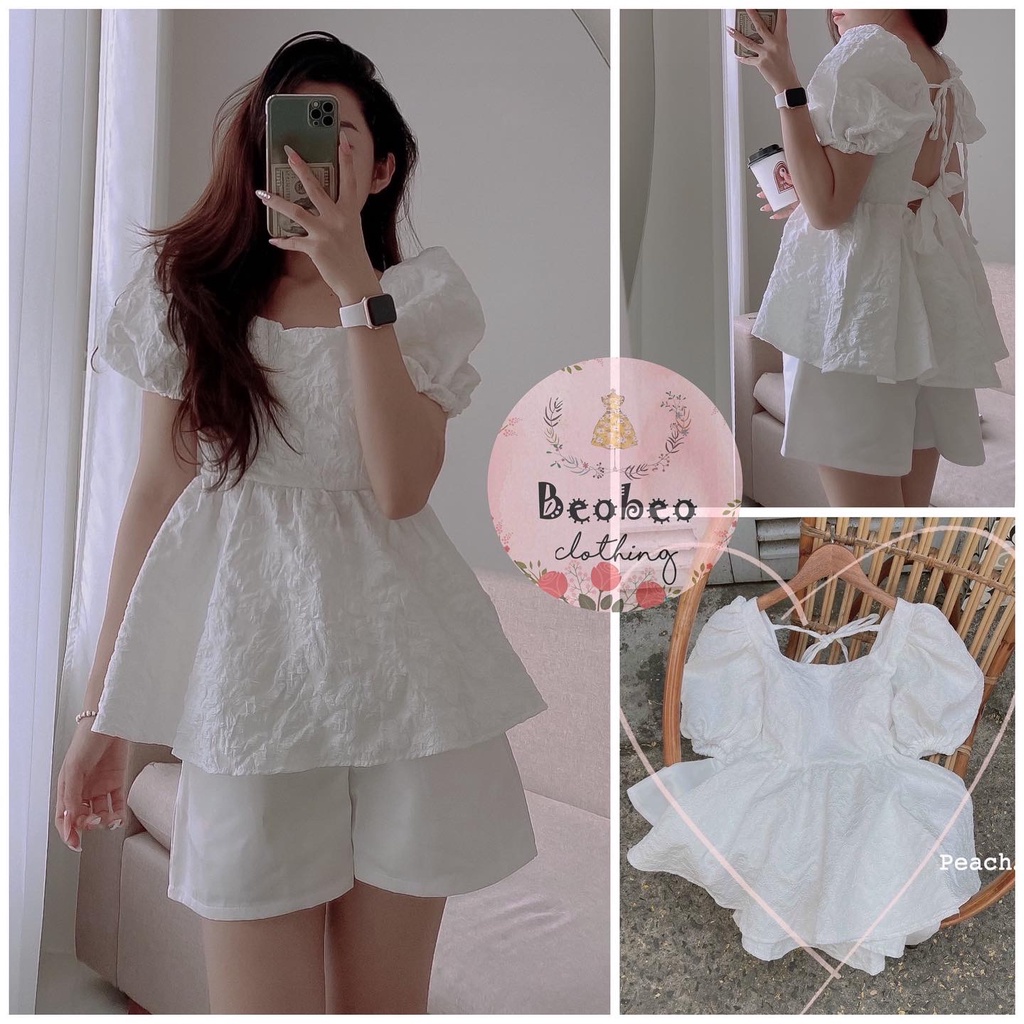 Set áo babydoll gấm cổ u tay phồng kèm quần short dễ thương