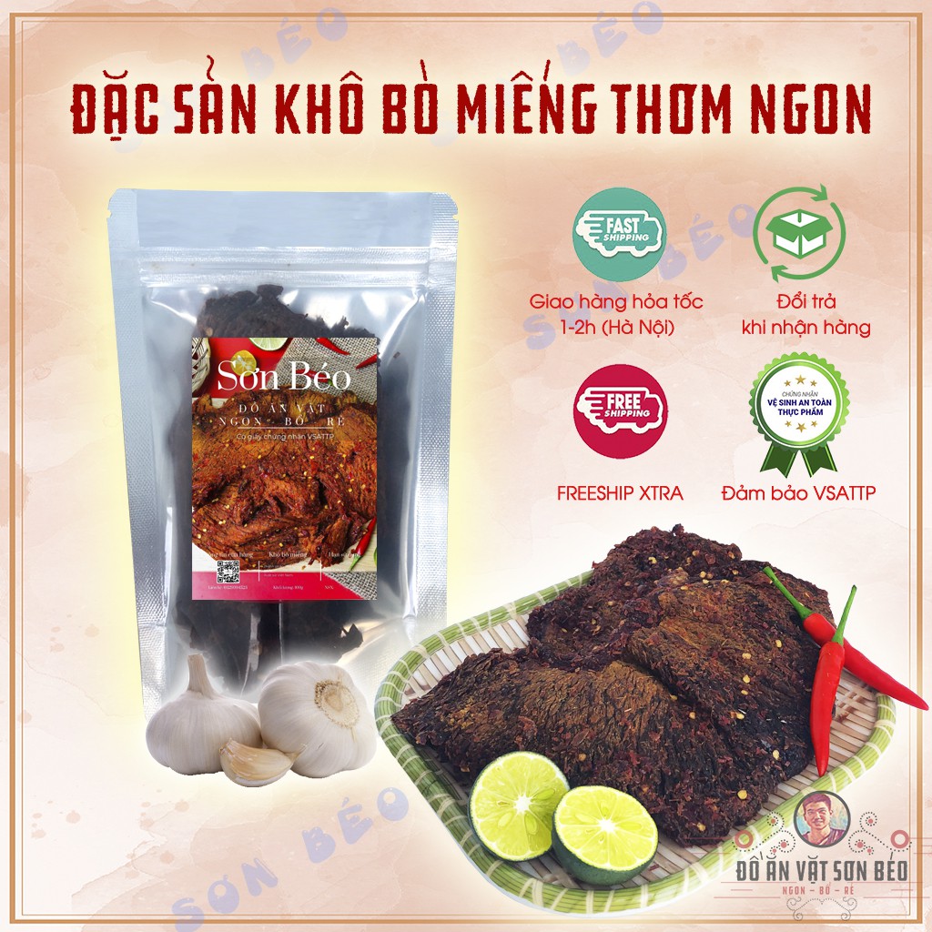 Khô bò miếng Hồng Ngự 300g hàng chuẩn loại ngon, túi zip tiện lợi, vừa ngon vừa rẻ | Ăn vặt Sơn Béo