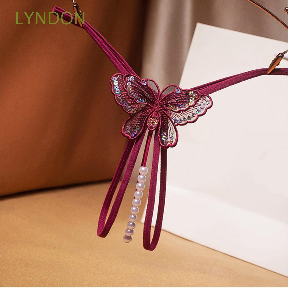 LYNDON Quần lót lọt khe thêu hình bướm đính ngọc trai nhiều màu sắc hở đáy quyến rũ cho nữ