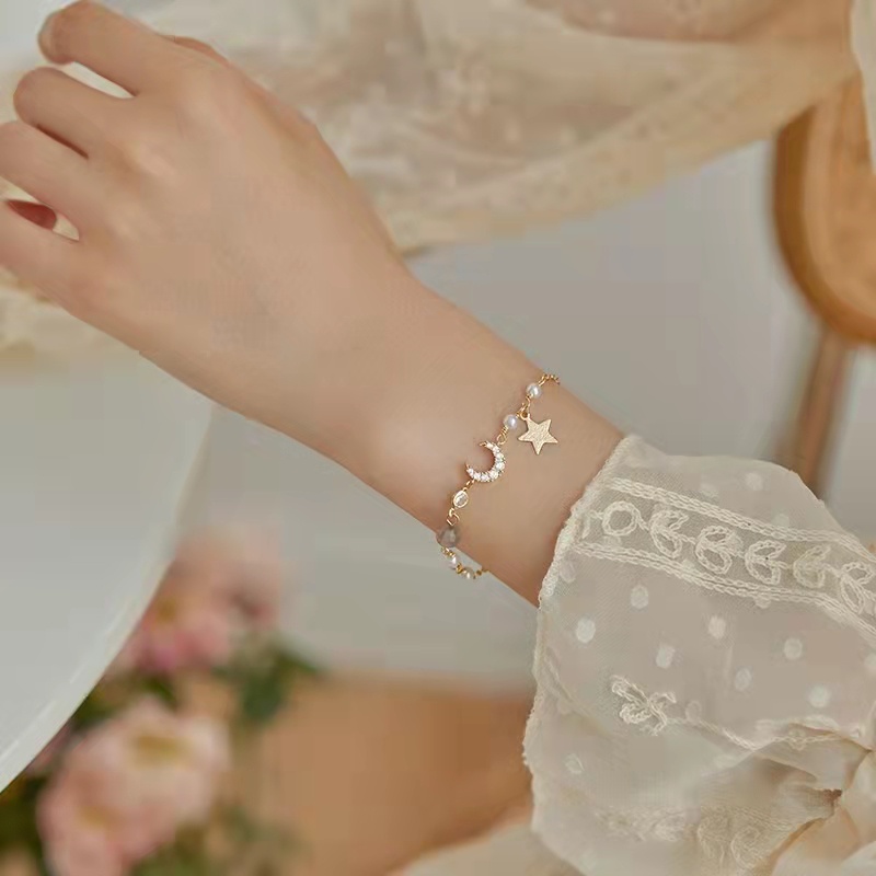 Vòng tay mạ bạc 925 đính đá hình mặt trăng/ ngôi sao dễ thương