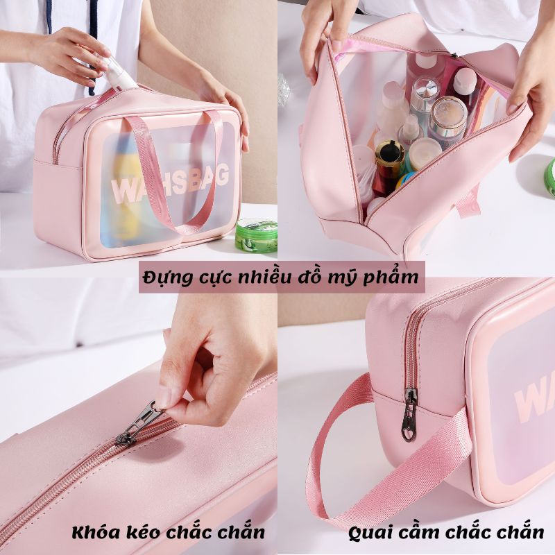 Túi đựng mỹ phẩm đồ du lịch WASHBAG không thấm nước, túi đựng đồ trang điểm trong suốt 3 size tiện lợi