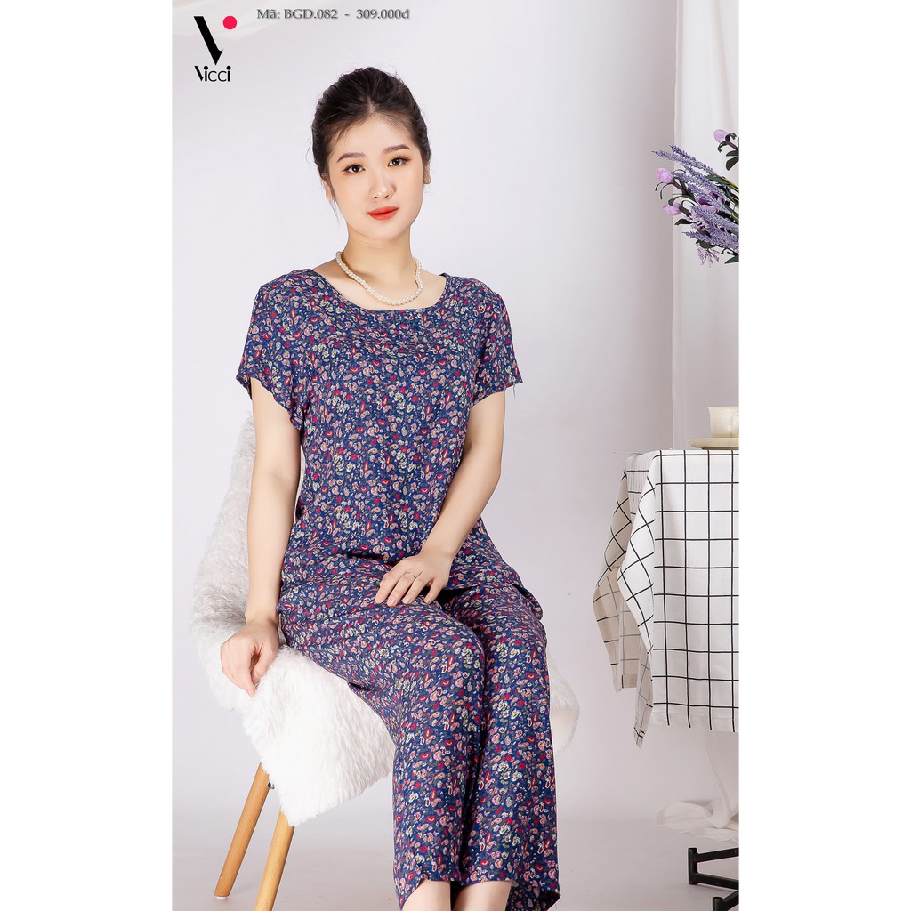 Bộ đồ mặc nhà trung niên lanh nhung Vicci áo cộc,quần dài BGDM.082
