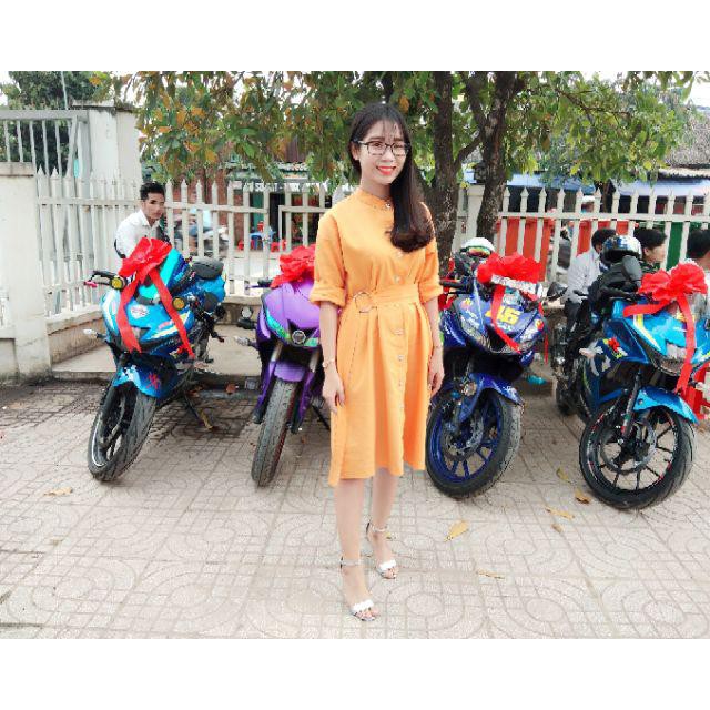 Đầm Nữ Vàng Cam Suông Tay Dài Thắt Eo