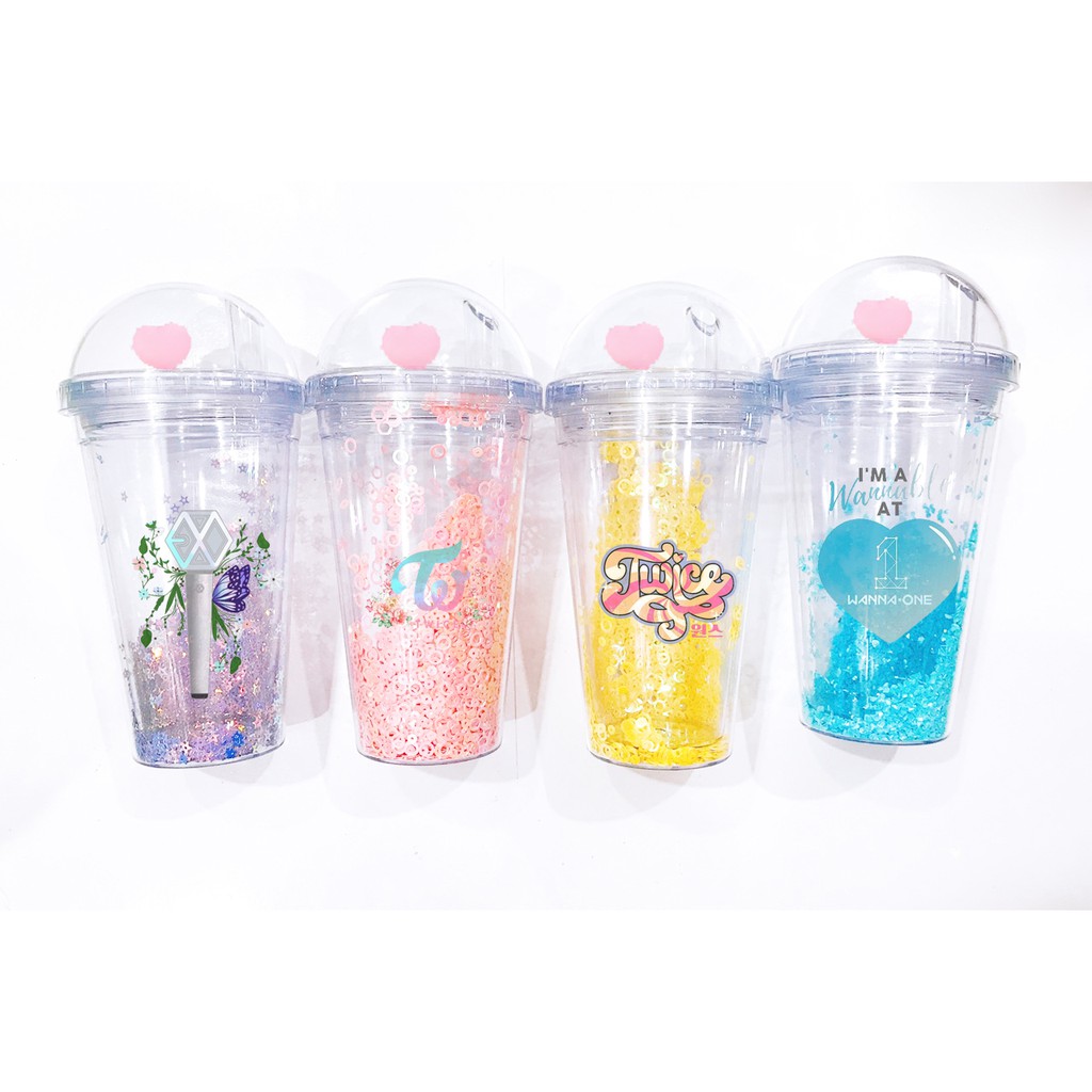 cốc 2 lớp kim tuyến twice wanna one exo khủng long nắp cầu CNCKI14 cốc giữ nhiệt ly 2 lớp dễ thương 500ml