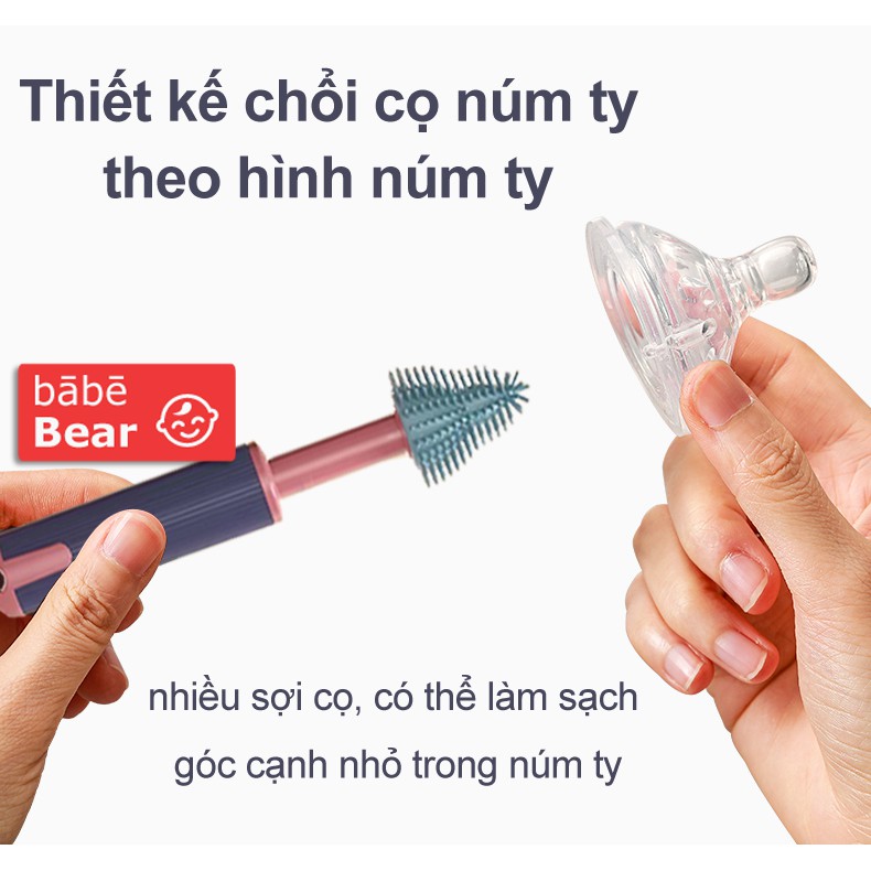 Bộ cọ rửa bình sữa cho bé Silicone Beedol cao cấp Tay cầm xoay 360 độ, cọ núm ti, cọ rửa ống hút