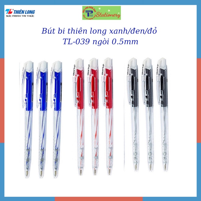 Bút bi FO039 Thiên Long, ngòi 0,5mm, viết trơn, mực đều màu xanh đen đỏ, hàng chính hãng Flexoffice- Thiên Long