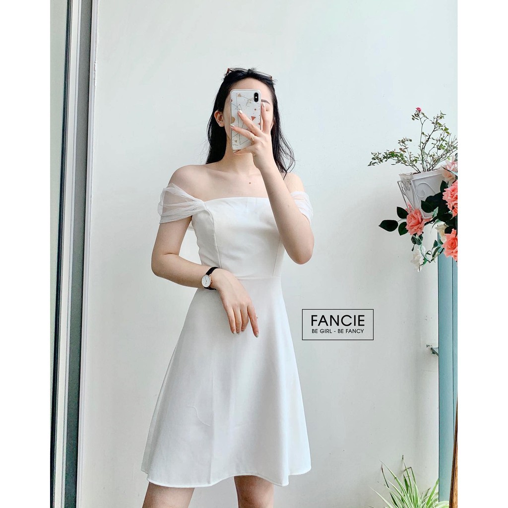 kèm hình thật]Đầm nữ trắng trễ vai tay lưới dự tiệc dáng xòe sang chảnh | BigBuy360 - bigbuy360.vn