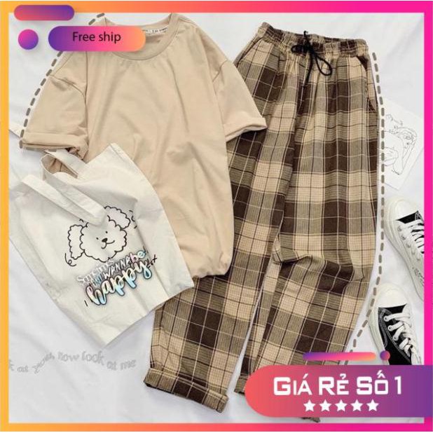 -Set đồ combo siêu tiết kiệm Quần Caro + Áo Thun Oversize Nam/Nữ Unisex