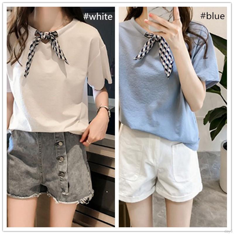 Áo thun tay ngắn cổ tròn thắt nơ thời trang Hàn Quốc dành cho bạn nữ