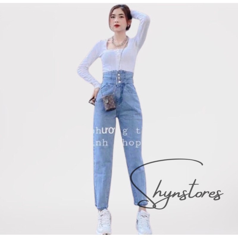 Quần jeans nữ baggy Shynstores 3 khuy đạn lưng cạp cao vải đẹp siêu hot